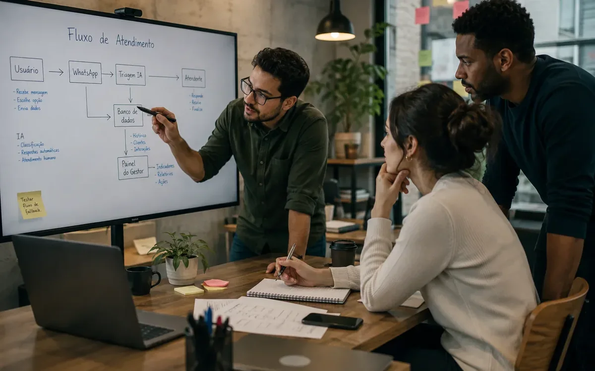 Equipe técnica colaborando em um quadro de planejamento