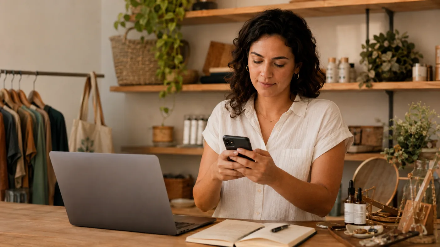 Empreendedora usando o celular para atendimento