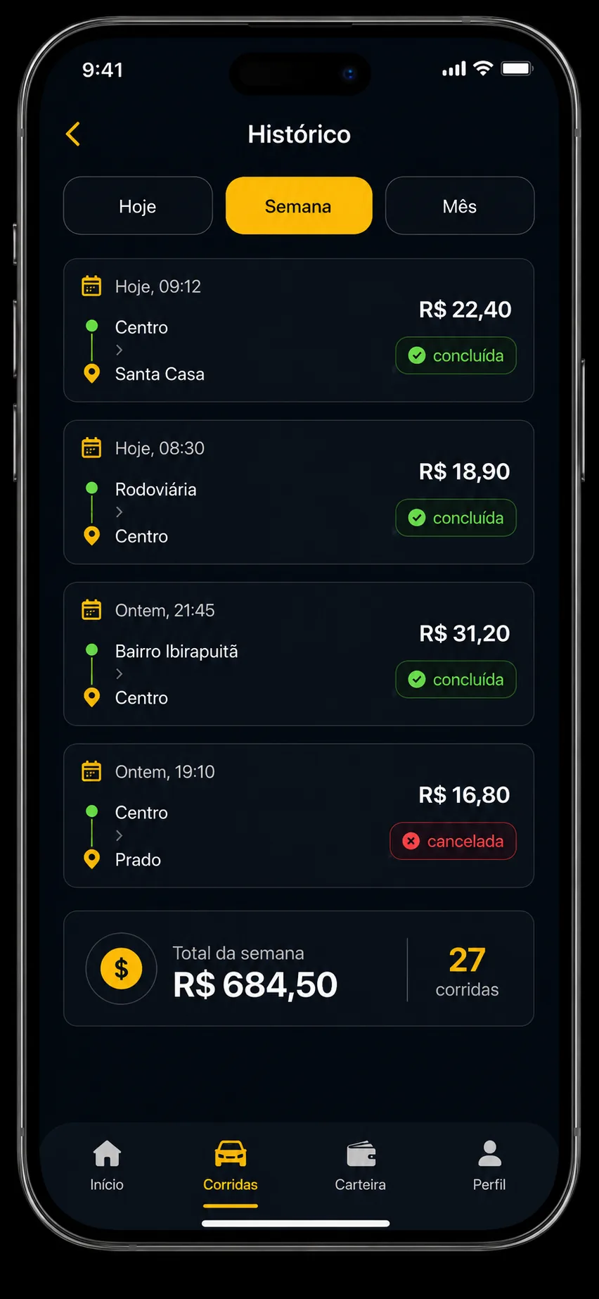 Tela de histórico de corridas do Gentill Mob