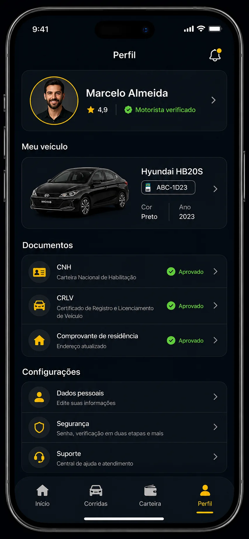 Tela de perfil e documentos do motorista no Gentill Mob